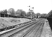View of the up home signals and Church Road Junction signal box viewed from the end of the down platform