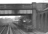 Ex-LMS 4-6-0 5XP No 45664 'Nelson', a Jubilee class locomotive, is seen on an up express service in April 1955
