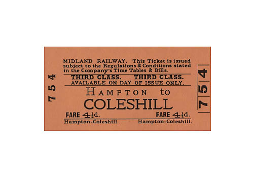 A Midland Railway Third Class Hampton to Coleshill Day Ticket showing a fare of 4� old pence
