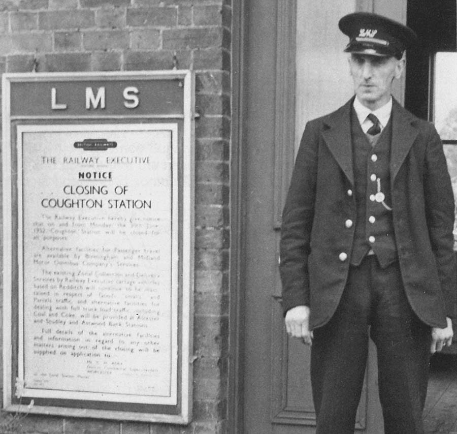 View of Mr Percy Duckett, Coughton's last station master and the closure notice poster