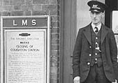 View of Mr Percy Duckett, Coughton's last stationmaster and the British Railway's closure notice poster