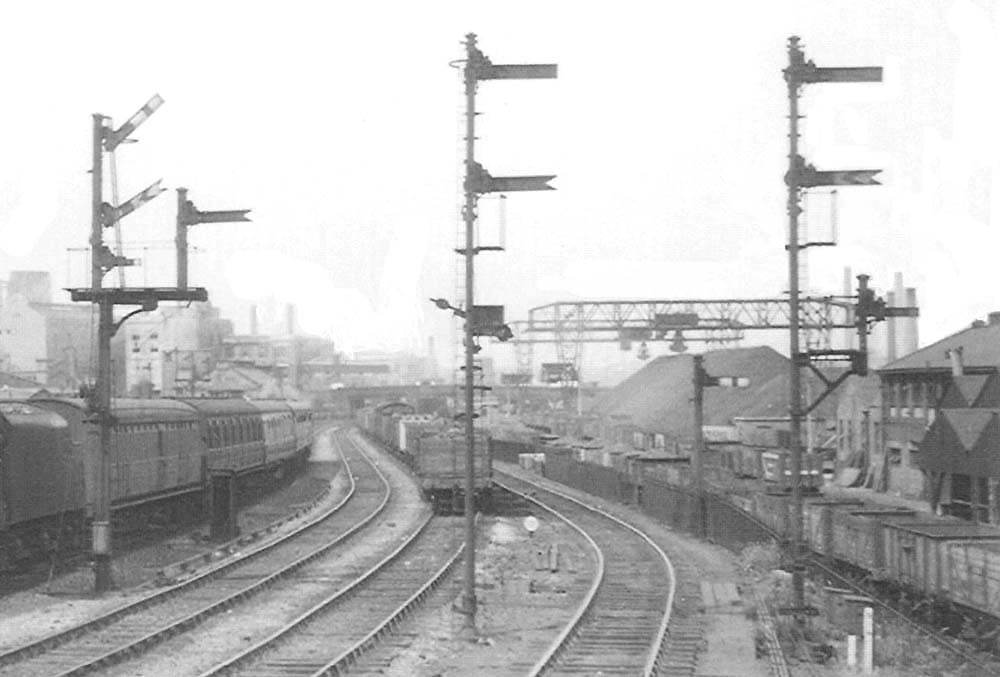 Close up showing on the right the arrival and departure line for locomotives being serviced by Saltley shed