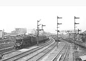 Ex-LMS 5MT 4-6-0 No 44828 approaches Duddeston Road signal box with an Ordinary train for New Street station