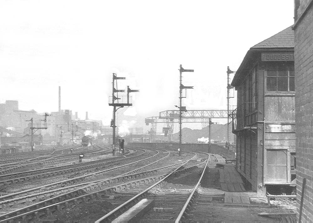 Looking north towards Saltley station with the old signal box on the right on Sunday 20th March 1955