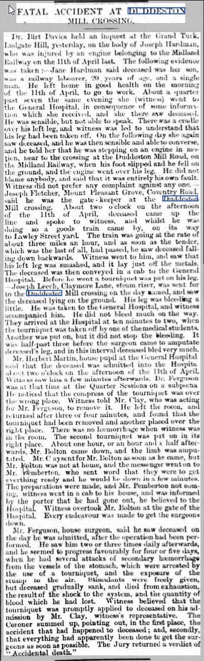 Report on fatal accident involving railway worker at Duddeston Mill Road Crossing on 11th April 1865