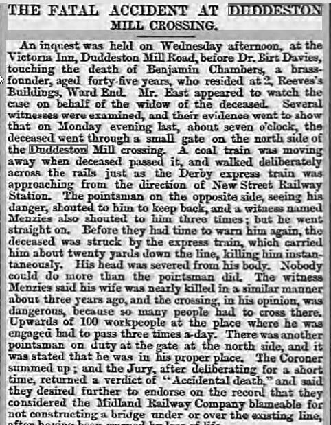 Report on fatal accident involving a pedestrian at Duddeston Mill Road Crossing on 28th September 1865