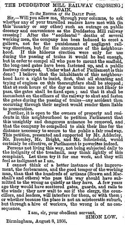 Complaint about the MR erecting a hideous passenger footbridge described as a 'gallows'