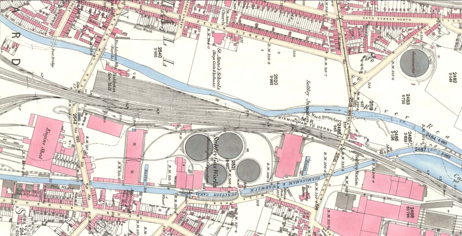 An 1886 Ordnance Survey Map showing the entrance to Saltley shed on the left and Saltley station on the right