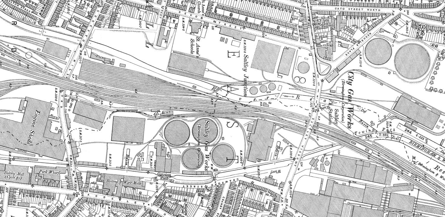 A 1902 Ordnance Survey Map showing the entrance to Saltley shed on the left and Saltley station on the right