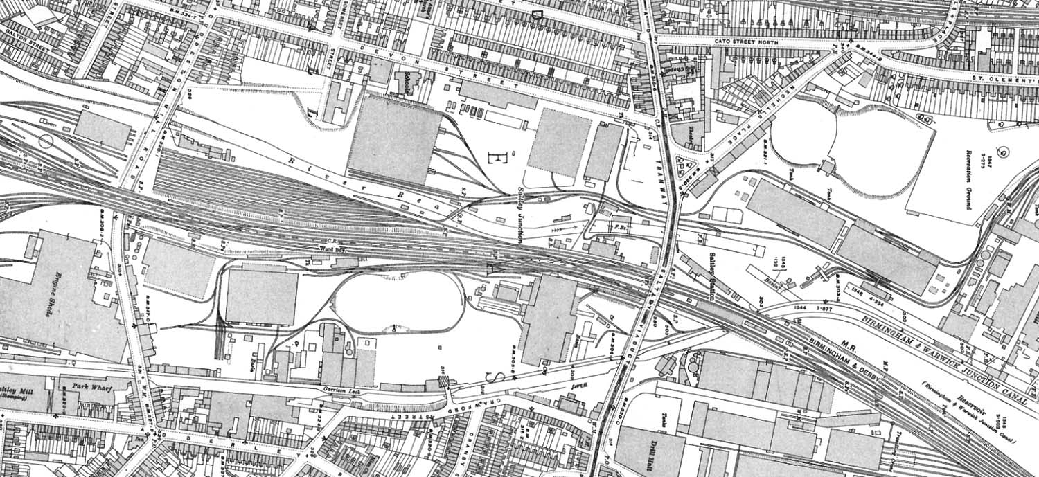 A 1913 Ordnance Survey Map showing the entrance to Saltley shed on the left and Saltley station on the right