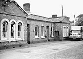 View of the road side elevation of the now closed Evesham Midland Station as seen on 11th August 1976