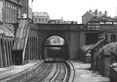 Close up of the Birmingham end of Five Ways station with Bath Row tunnel seen behind the road bridge