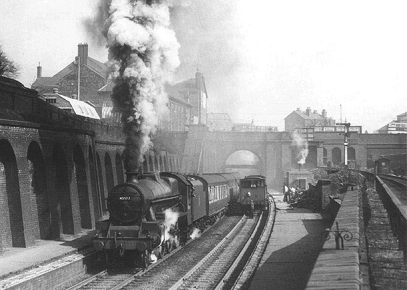 Ex-LMS 4-6-0 'Jubilee' class No  45577  'Bengal' is seen at the head of a train running wrong road on the up line