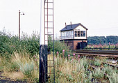 View of Coleshill Signal Box with Hams Hall CEGB sidings signal in the foreground on 3rd August 1969