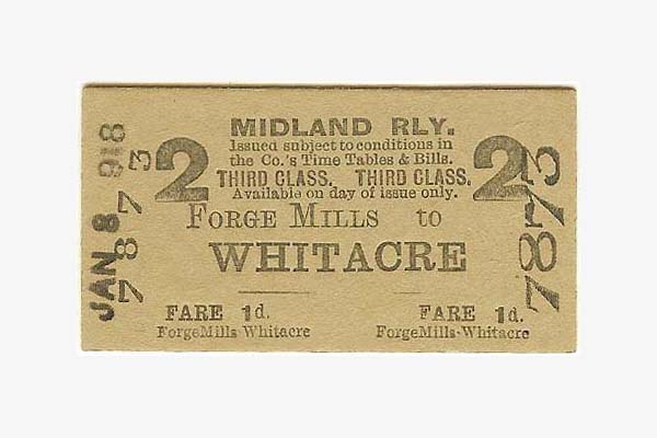 A MR single Third Class Ticket costing 1d to travel between Forge Mills and Whitacre station issued on 8th January 1918