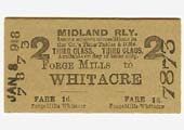 A MR single Third Class Ticket costing 1d to travel between Forge Mills and Whitacre station issued on 8th January 1918