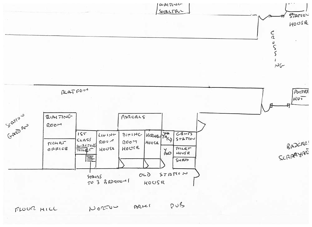 Plan of the station showing the layout of the main building on the down platform and the 'new' station master's house opposite on the up line