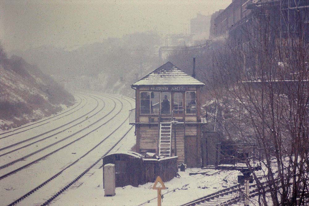 A wintry view of the former Midland Railway Halesowen Junction Signal Box photographed during February 1972