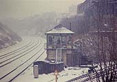 A wintry view of the former MR Halesowen Junction Signal Box photographed during February 1972