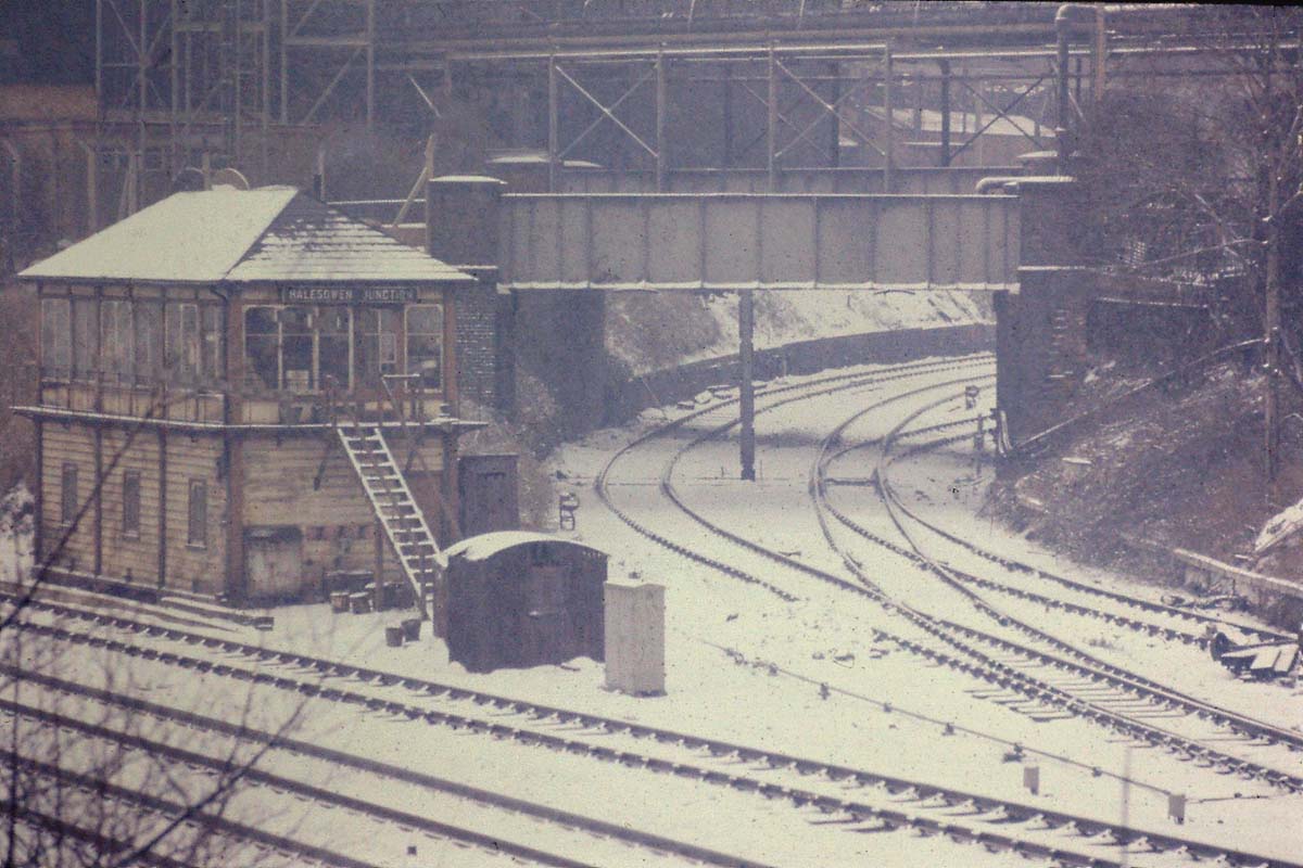 Another wintry view of the former Midland Railway Halesowen Junction Signal Box photographed during February 1972