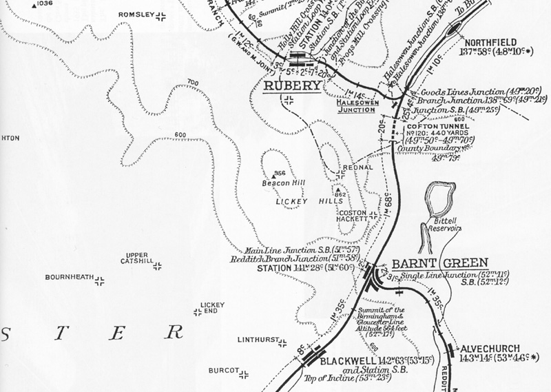 A Midland Railway Distance Diagram showing the line between Northfield and Bromsgrove and part of branches to Redditch & Rubery