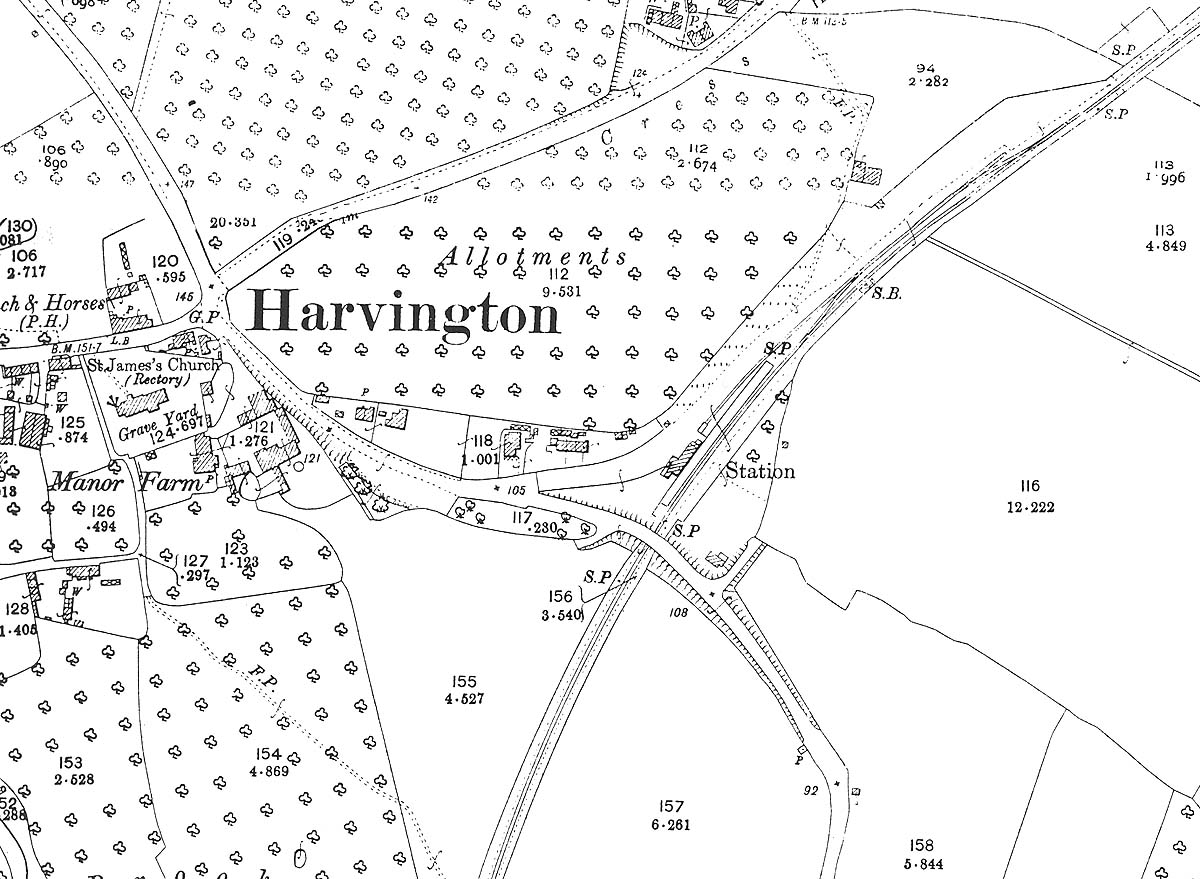 An undated Ordnance Survey map showing the closeness of the station and goods sidings to Harvington village