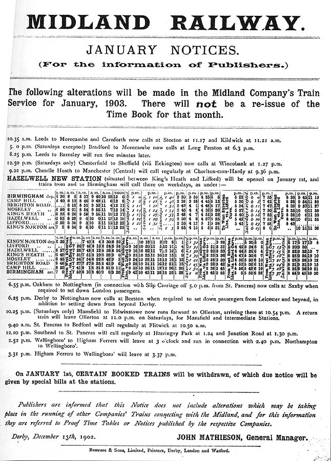 Midland Railway notice announcing the opening of Hazelwell station and the timetable for trains calling at the new station