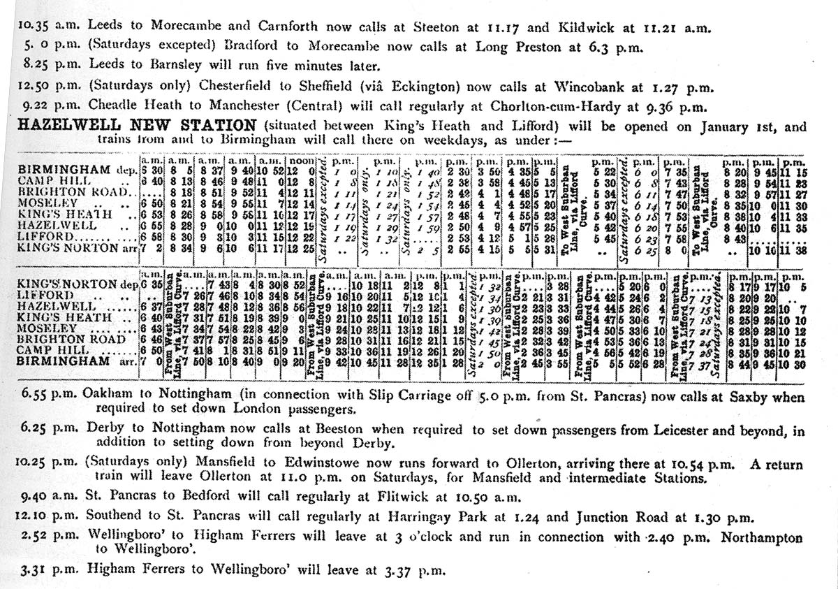 Midland Railway notice announcing the opening of Hazelwell station and the timetable for trains calling at the new station