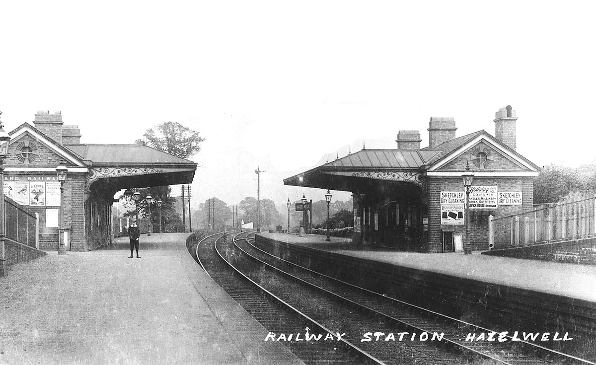 Looking along Hazewell station's up platform towards Camp Hill showing substantial structures on both platforms