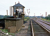 View of Kingsbury Station Junction Signal Box seen on 9th August 1969 with the junction in the distance