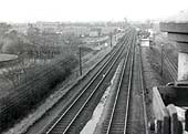 Looking north from the down signal gantry to Kingsbury Station Junction signal box and the station beyond