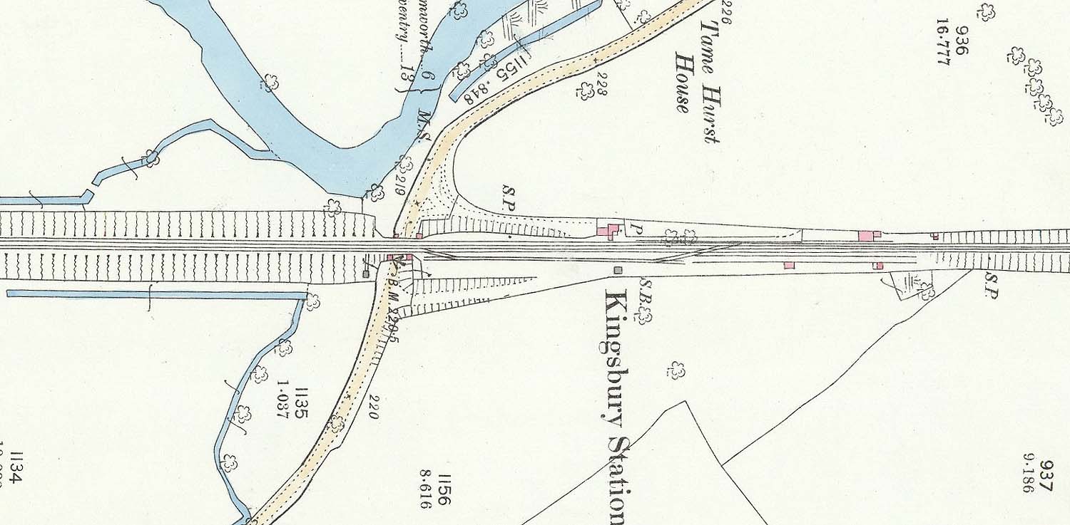 An 1886 25 inch to the mile OS Map showing Kingsbury station, goods yard and junction to Water Orton
