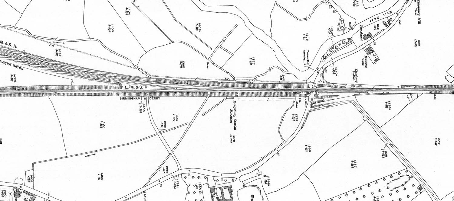 A 1922 Ordnance Survey Map showing Kingsbury Station and goods yard and the junction to Water Orton