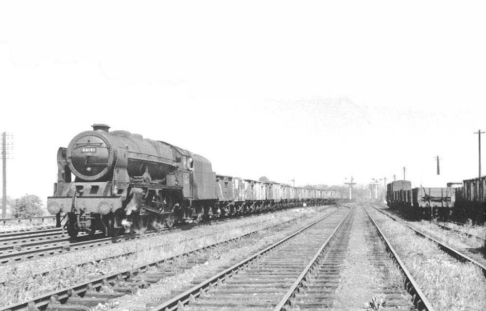 Ex-LMS 'rebuilt Royal Scot' 4-6-0 No 46141 'The North Staffordshire Regiment' leaves Kingsbury Colliery branch sidings