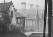 Close up of Kings Heath station, the short siding on the left, and the 1882 signal box with its shallower windows
