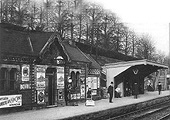 View of King Heath station's passenger waiting rooms and timber shelter located on the up platform