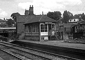 A mid-1960s three-quarters view of Kings Heath station's third signal box which was erected in 1906