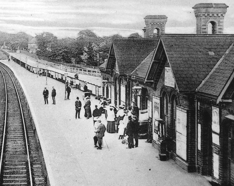 Close up showing the main station building on the down platform built by the Birmingham and Gloucester Railway in 1849