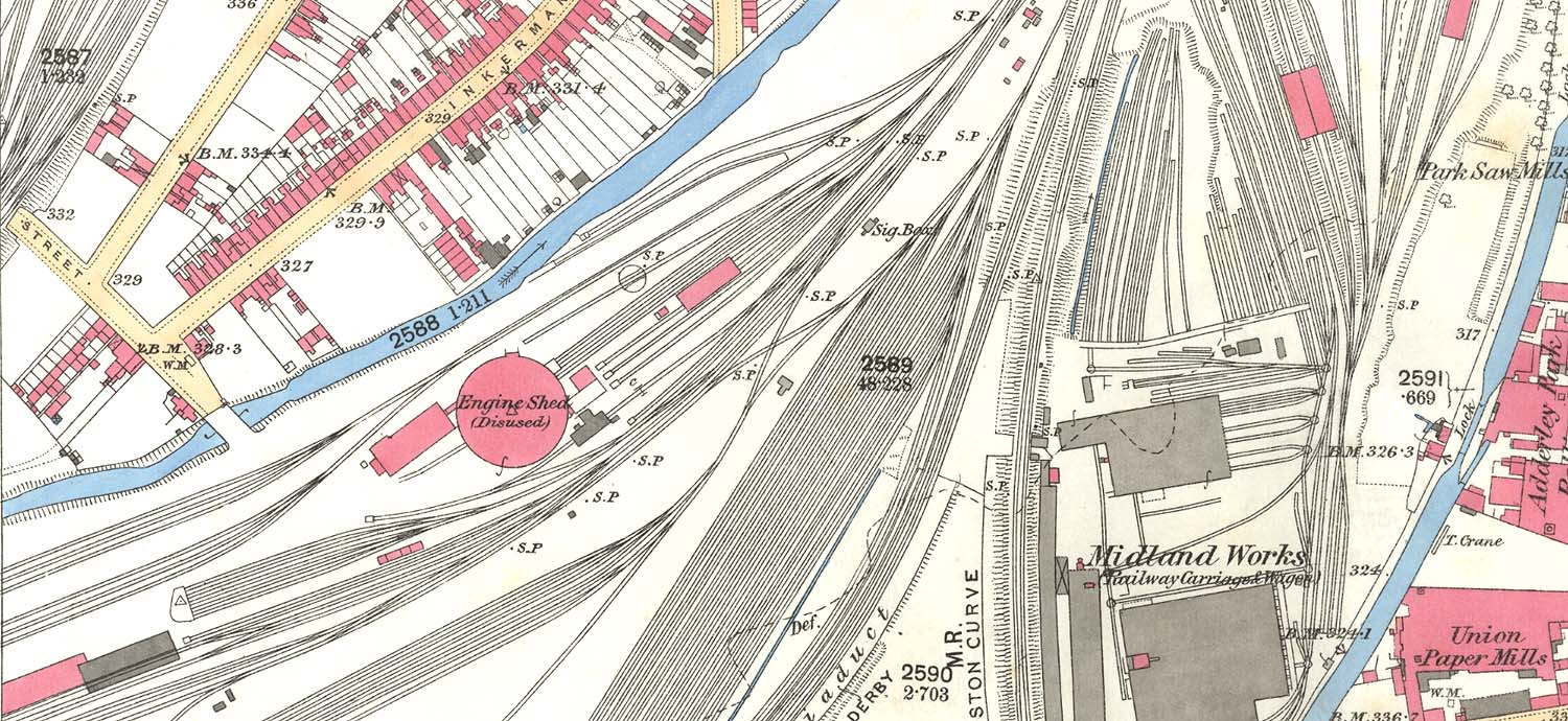 An 1887 Ordnance Survey Map showing Lawley Street's now disused Midland Railway Engine Shed, coaling stage and turntable