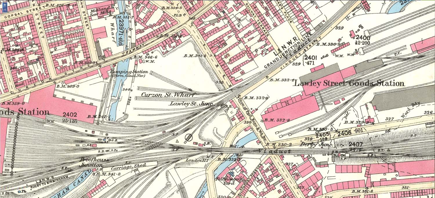 An 1887 Ordnance Survey Map showing Lawley Street Goods Station's warehouses and its juxtaposition with Curzon Street Goods Station