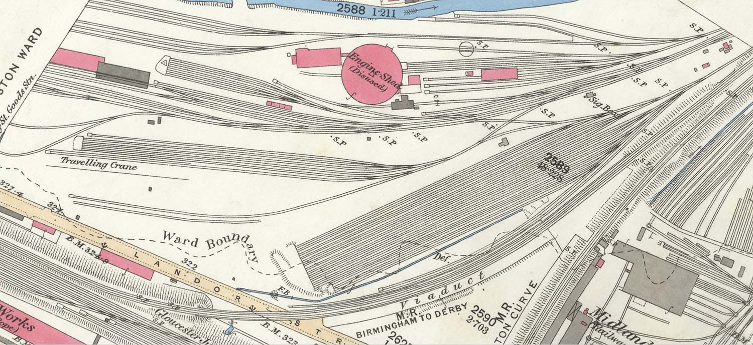 An 1887 Ordnance Survey Map showing Lawley Street Goods Station's storage sidings, the disused shed and the travelling crane