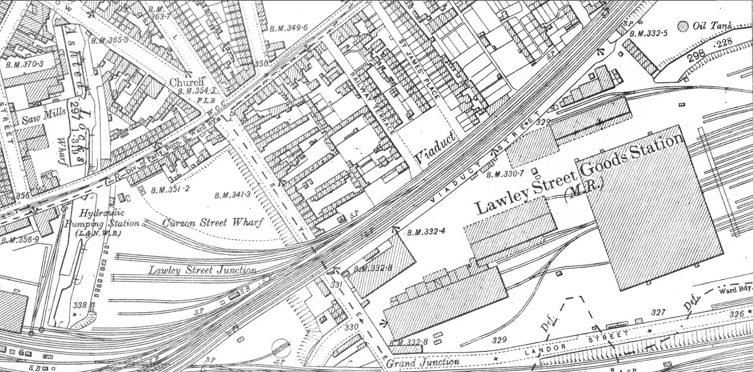 A 1902 Ordnance Survey Map showing Lawley Street Goods Station and its 1895 Goods & Grain Warehouse on the right
