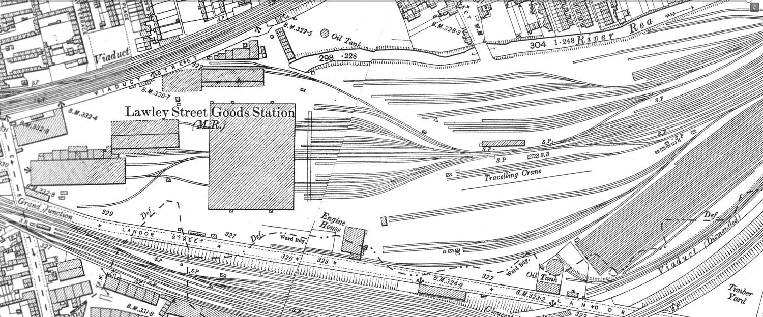 A 1913 Ordnance Survey Map showing Lawley Street Goods Station with the 1895 Goods and Grain warehouse in the centre