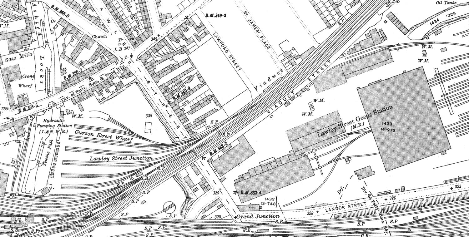 A 1913 Ordnance Survey Map showing Lawley Street Goods Station and the 1895 Goods & Grain Warehouse on the right