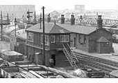 Close up showing Lawley Street 'B' Signal Box and  the building housing the main yard offices, mess and stores