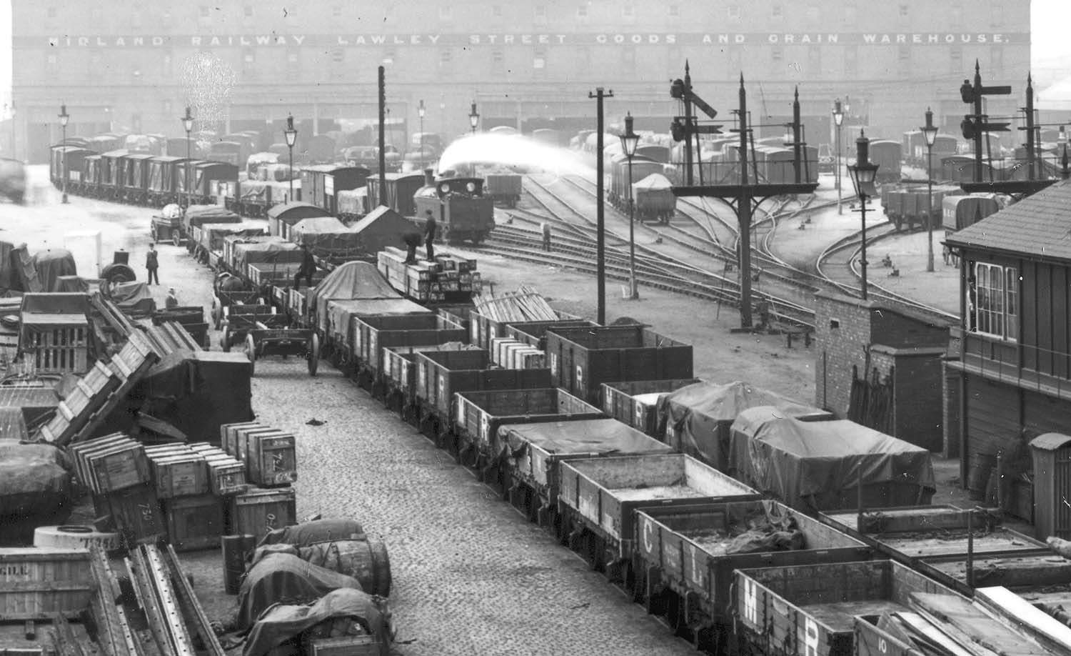 Close up showing the rail entrance to Lawley Street's goods shed and grain shed with a MR Johnson 0-6-0T half-cab shunting the yard