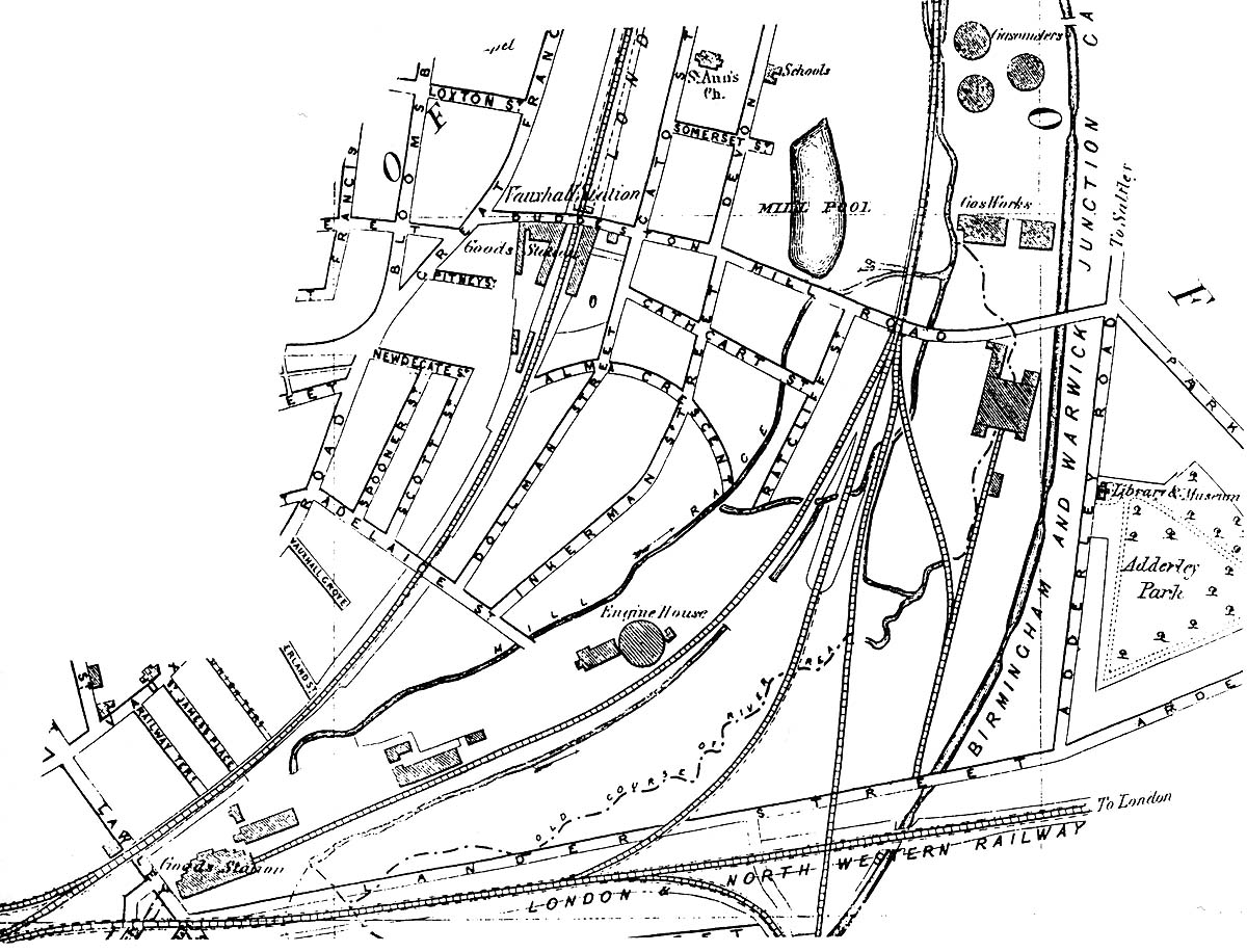 Part of an 1873 street map of Birmingham showing the line and principal features of the railways around Lander and Lawley Street