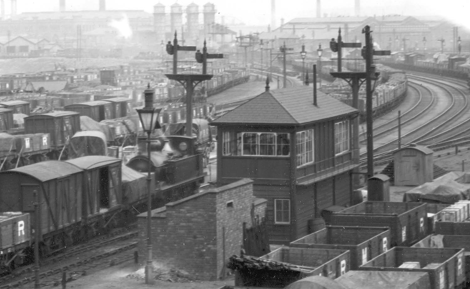 Close up Lawley Street 'B' Signal Box, the MR Johnson 0-6-0T and the plethora of sidings which fed the warehouse and depot