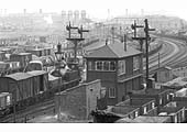 Close up Lawley Street 'B' Signal Box, the MR Johnson 0-6-0T and the plethora of sidings serving the depot