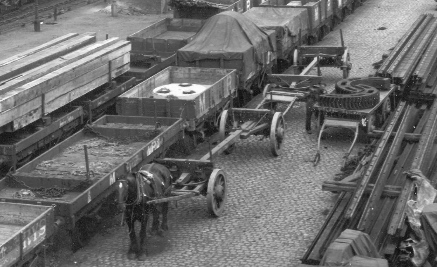 Close up showing one of the Midland Railway's articulated extendable horse-drawn vehicles designed to move long and heavy loads